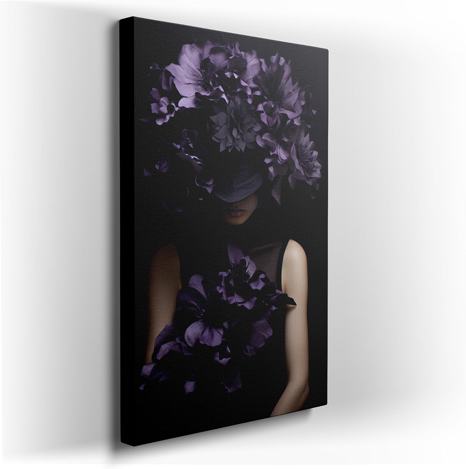 Canvas for Living Room. Mystique in Monochrome: The Enigmatic Allure of a Purple-Adorned Black Ensemble, 27 x 18 inch Canvas Wall Art - Contemporary Masterpieces - Modern Home Decor