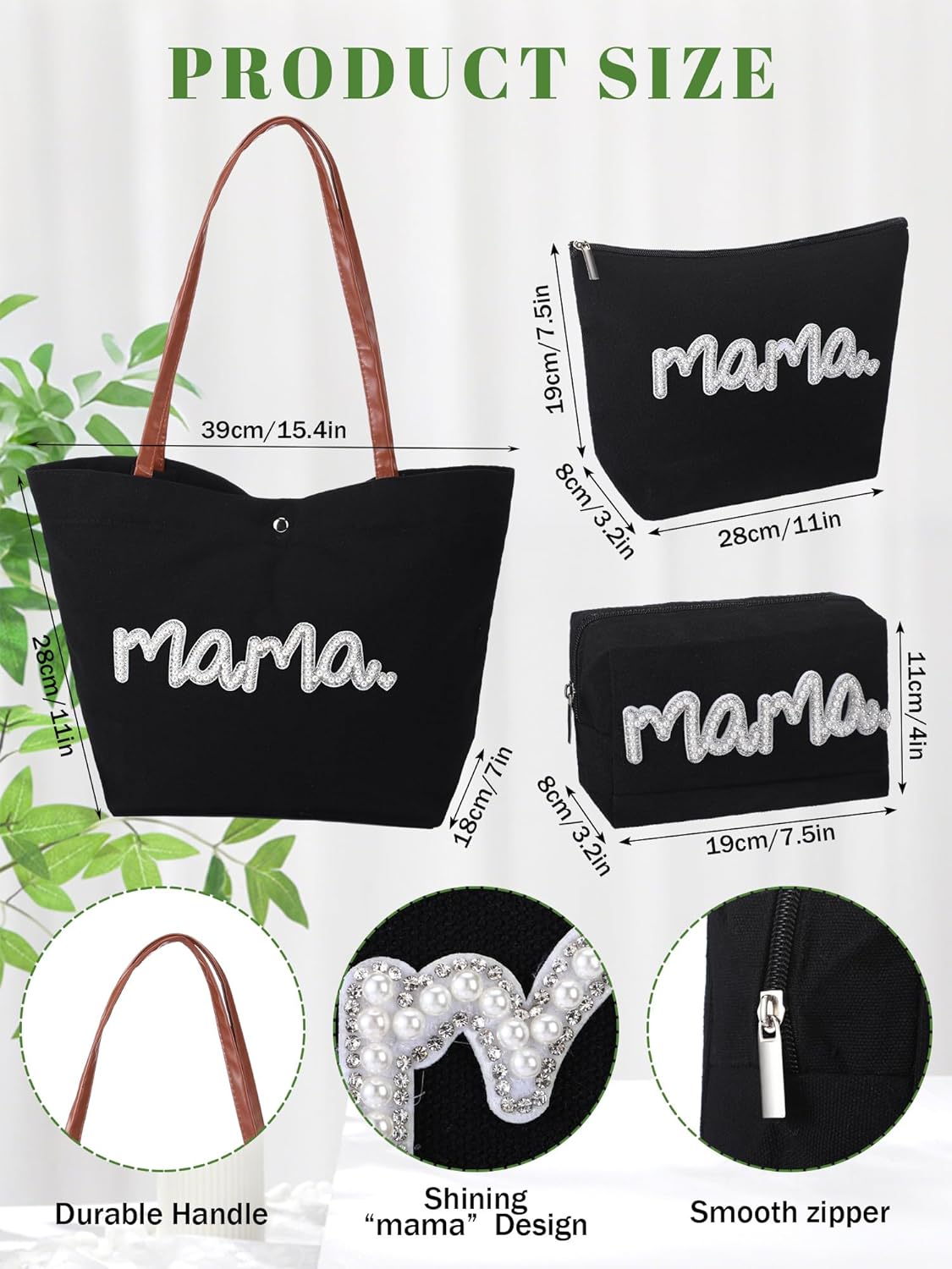 Paterr 3 Pcs Mom Mama Bag Sets Mother Gifts Multifunctional Black Canvas Tote Bag Sets for Mom to Be Gift Baby Shower Hospital Shopping, Beach Travel - Image 4