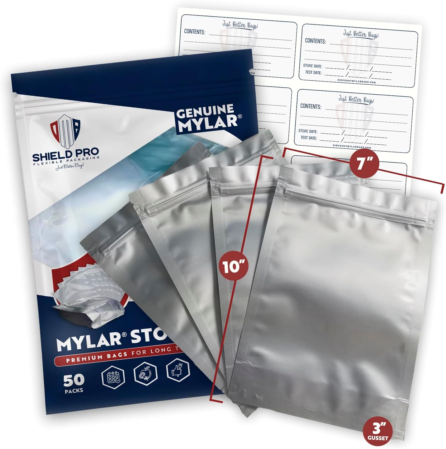7.5 Mil Mylar Bags/Pouches - Multiple Sizes Genuine Odor-Proof Aluminum Foil-Lined Bag for Long Term Food, Grain, Dried Flowers, Baking, Herb, Storage Container (50) (7"x10"x3")
