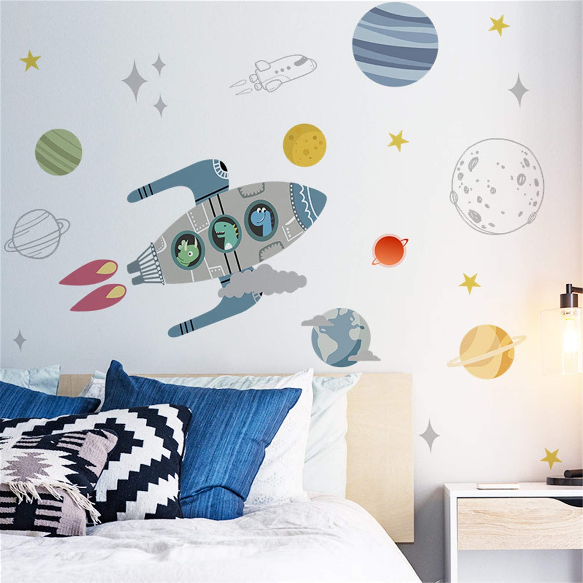 ROFARSOCartoon Cute Dinosaurs on Rocket Wall Stickers Planets Outer Space Stars DIY Vinyl Removable Large Wall Decals Art Decorations Decor for Kids Boys Bedroom Living Room Playing Room Murals