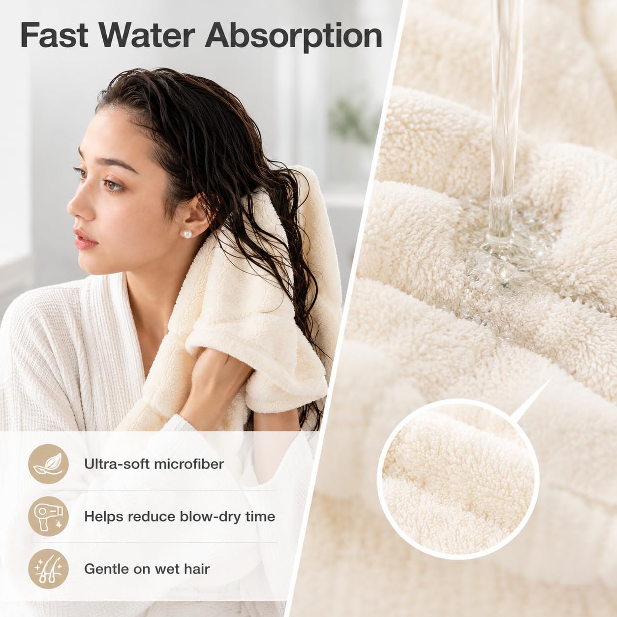 softrain 2 Pack Microfiber Hair Towel Wraps, Quick Dry Absorbent Hair Turban Towels with Button Loop, Soft Waffle Hair Wrap for Wet Hair, Shower, Spa, Gym & Travel, Cedar Grey & Creamy Rice