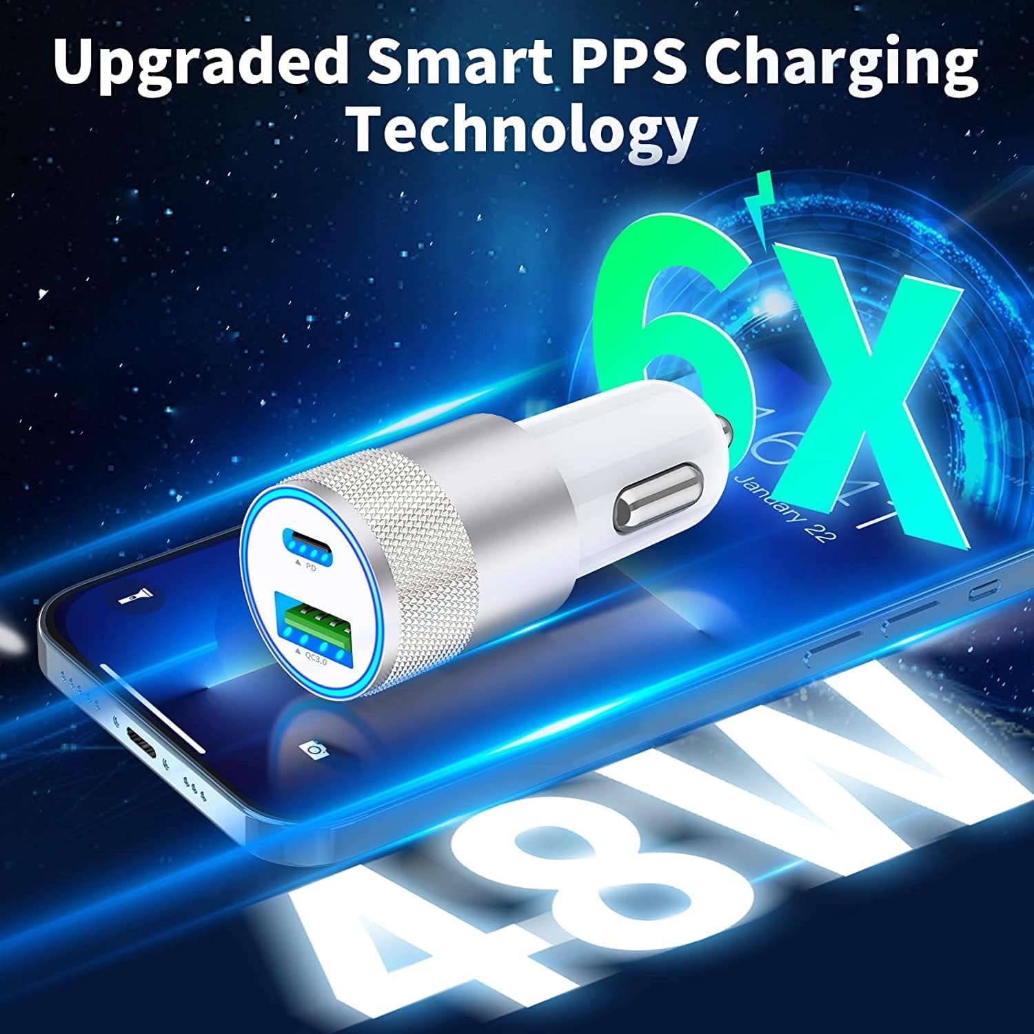[Apple MFi Certified] iPhone Fast Car Charger, iPhone 48W Dual Port USB C Power Delivery All Metal Car Adapter with 2 Pack Lightning Cable 30W PD+18W QC 3.0 Rapid Car Charging for iPhone/iPad/Airpods