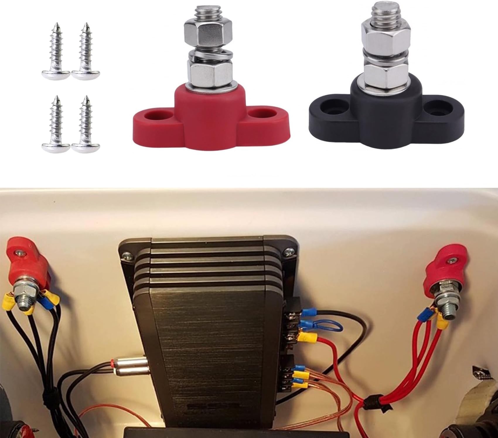 2PCS Power Distribution Block, 3/8" Single Stud Battery Junction Posts Block, Stainless Steel Stud Power and Ground Junction Block Red and Black, Remote Battery Terminals for Auto (Single M10)