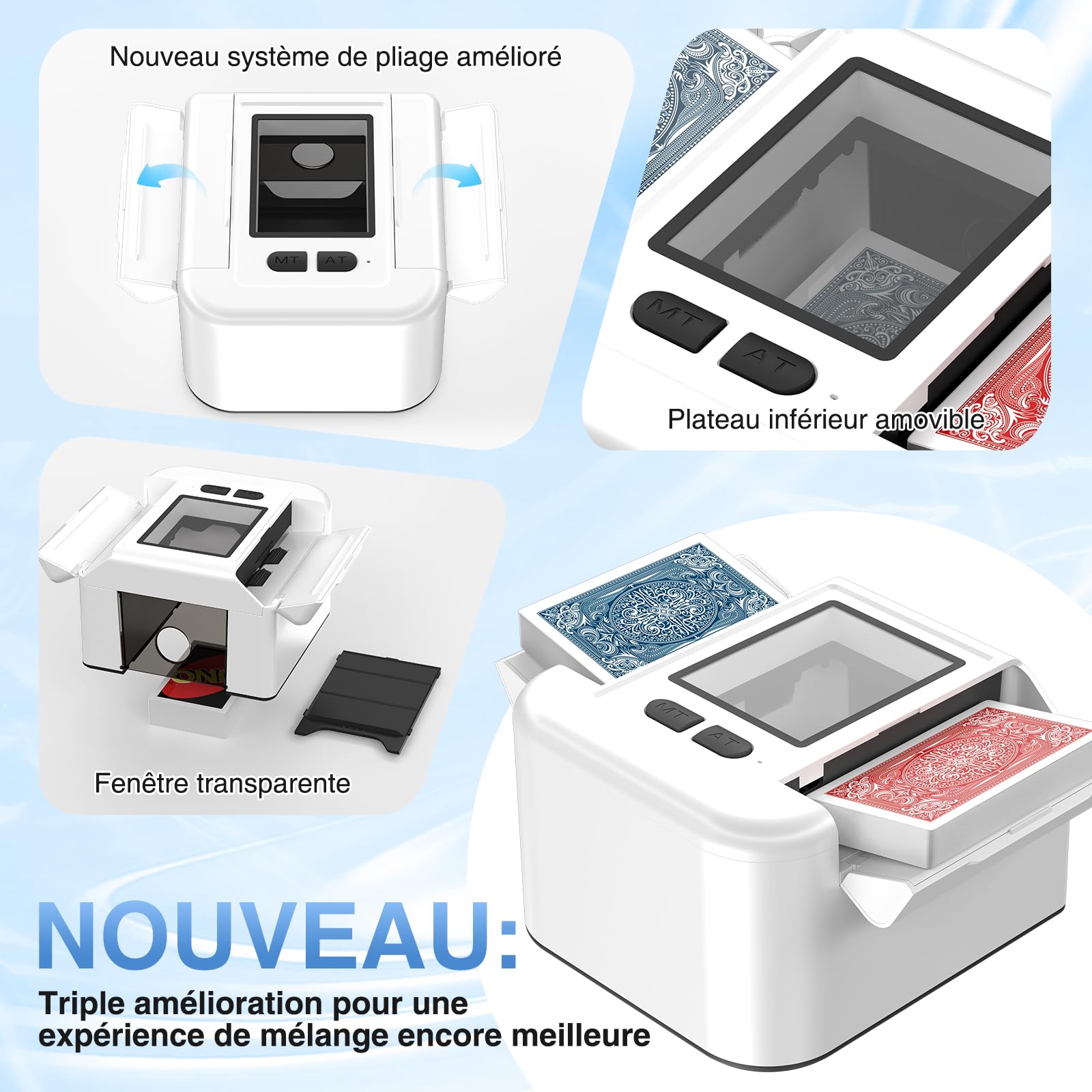 Melangeur de Carte Électronique - Mélangeur de Carte Automatique avec Batterie 2000mAh Rechargeable, Mode Auto et Manuel, Trieur de Cartes à Jouer Automatique pour 1-2 Jeux, UNO, Poker, Blackjack