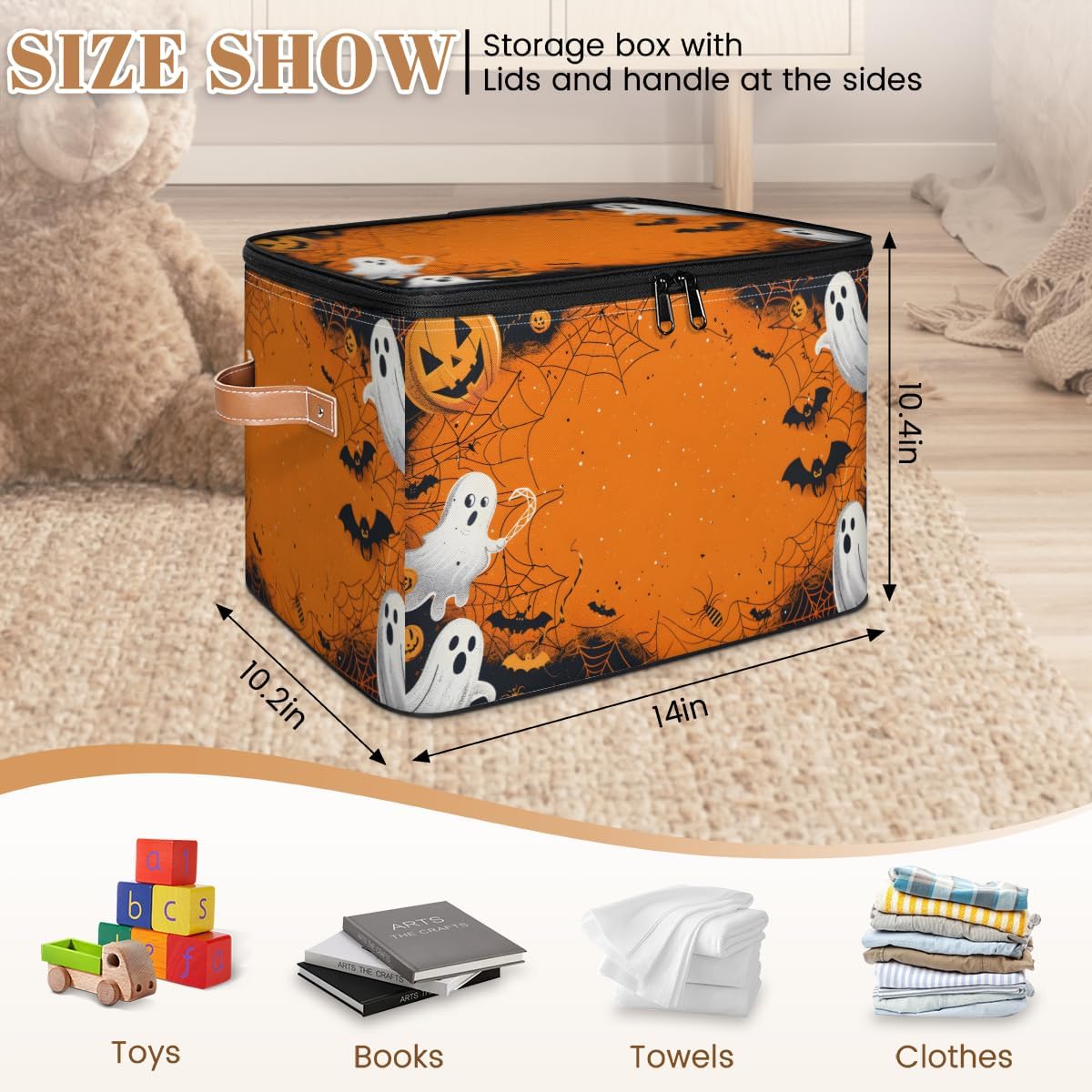 Storage Bin Set of 2 Boo Bat Specter Storage Basket with Zipper Lid & Handle Foldable Closet Shelf 2 Pack Cloth Organizer Basket Cube Bins Clothes Organizer for Bedroom, Nursery