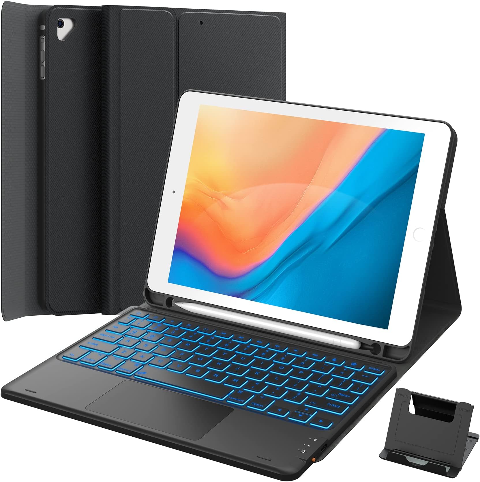GreenLaw Keyboard Case for iPad 9.7 inch, iPad 6th (2018)/iPad 5th Gen (2017), iPad Air 2nd Gen (2014), 7 Color Backlit, 2 BT Devices, Touchpad Keyboard Pro 9.7, Black