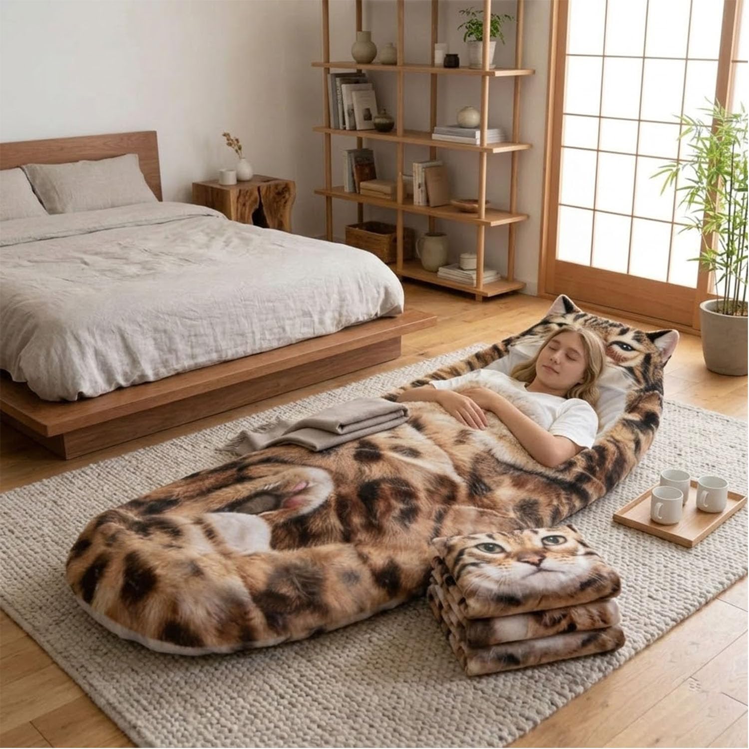 Katzenförmiger Plüsch-Schlafsack für Erwachsene, 175 x 80 cm, flauschiger Katzenumschlag, Schlafsack für Menschen, weiche, warme Tierdecke für Camping, Übernachtungen und zum Entspannen zu Hause