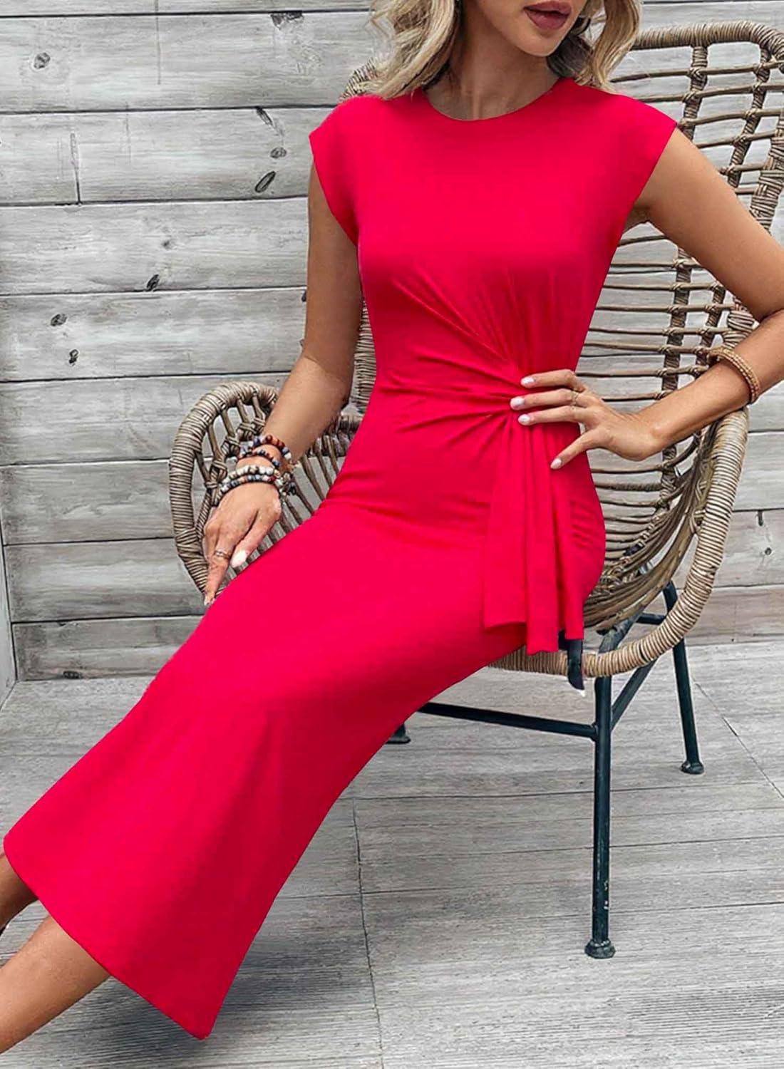 Womens Cap Sleeve Striped Fitted Work Casual Office Elegant Long Midi Dress - Image 3