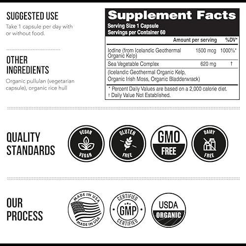 Miniatura 6 de Suplemento de yodo orgánico  1,500 mcg de yodo, fuerza máxima  del complejo de vegetales marinos, alimentos integrales y forma cruda  Contiene algas