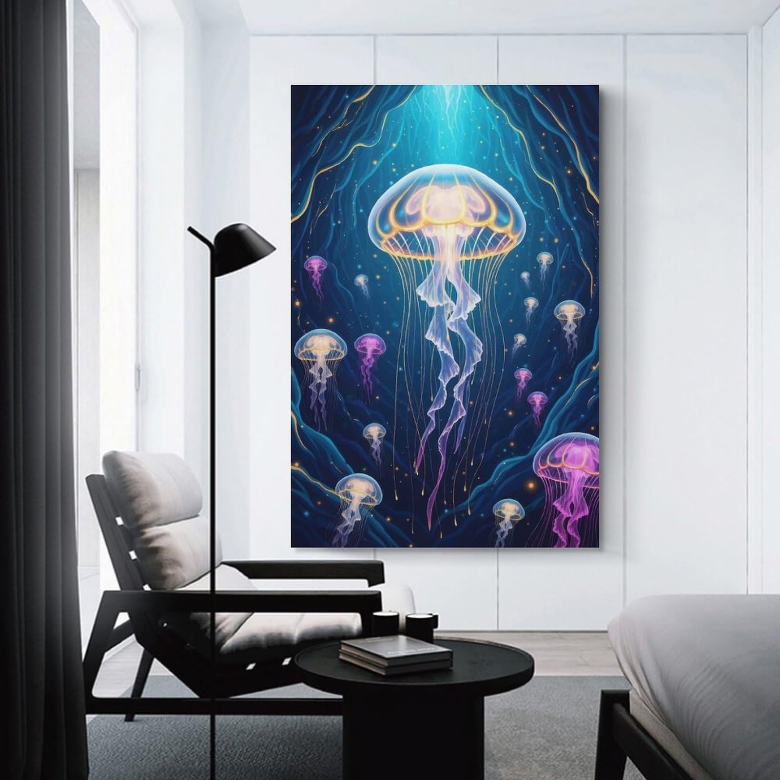 Junmoney Glowing Jellyfish in Deep Blue Sea Wall Picture Print 20x30inch(50x75cm), for Apartment Walls, Studios Or Work Areas, A Simple Refresh for Blank Walls