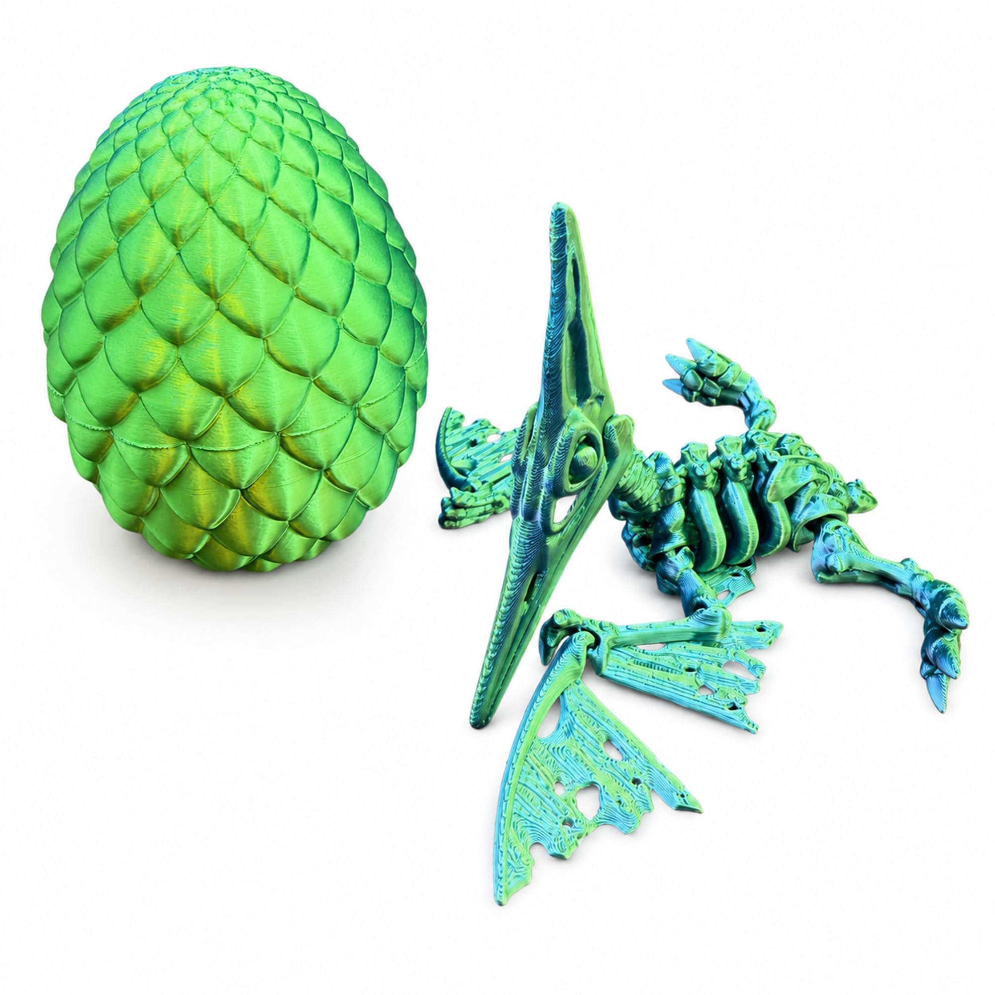 3D Printed Pterodactyl Skeleton Figure – Articulated Flying Dinosaur Toy with Movable Wings – Poseable Pterosaur Model with Dragon Egg, Prehistoric Reptile Collectible for Kids & Adults - Green Blue