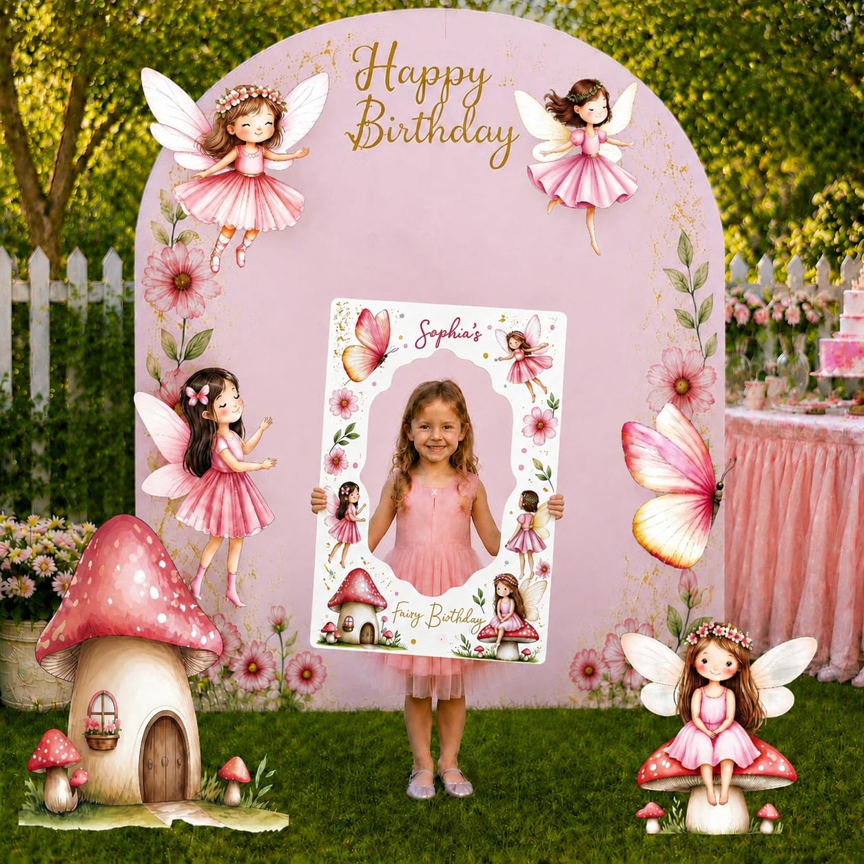 7 decoraciones de cumpleaños de hadas, recortes grandes de cartón con soporte