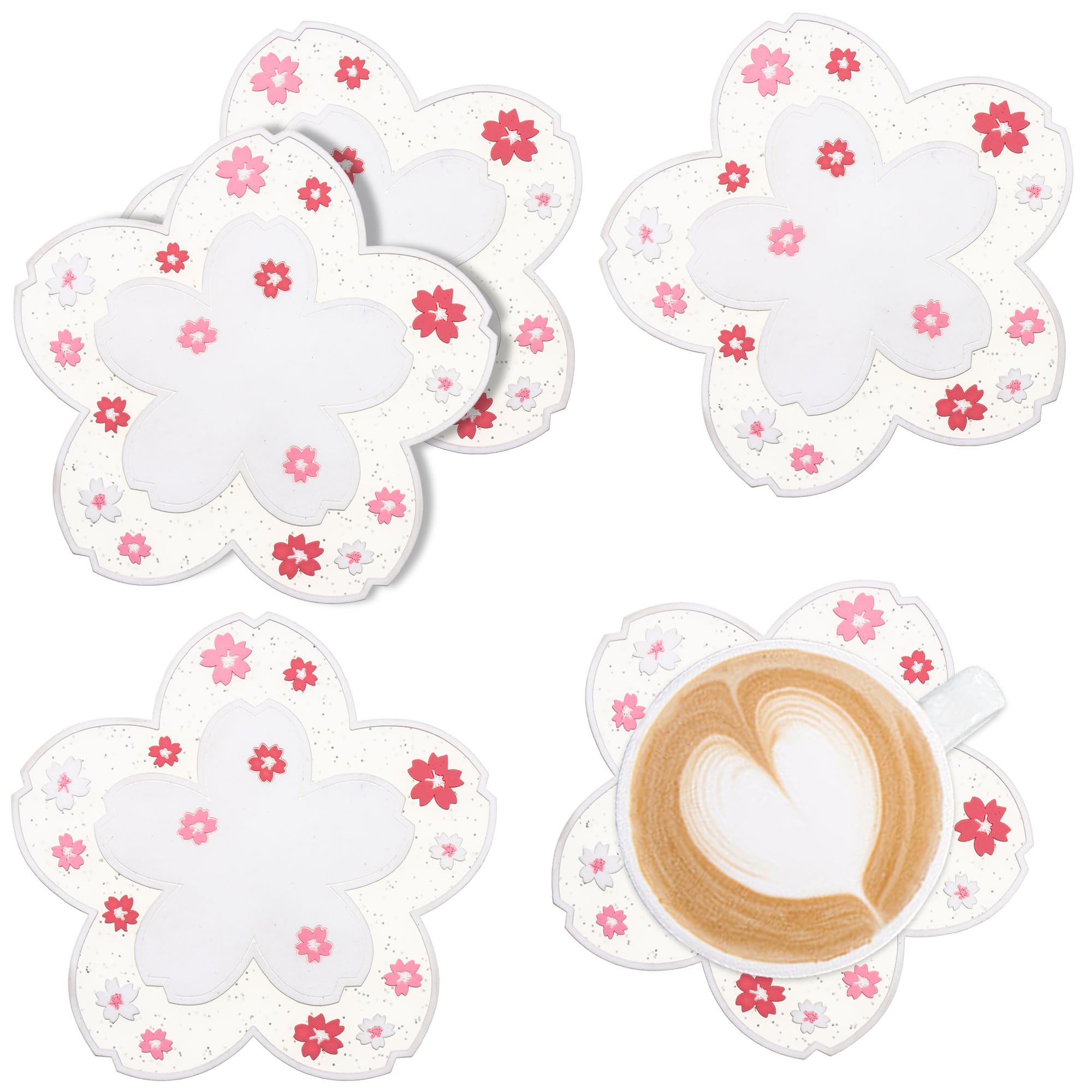 Wocoxo Coasters for Drinks, Modern Floral Pattern Silicone Coasters, Set of 4 Non-Slip Cup Mat Suitable for Kinds of Cups (Flower White)