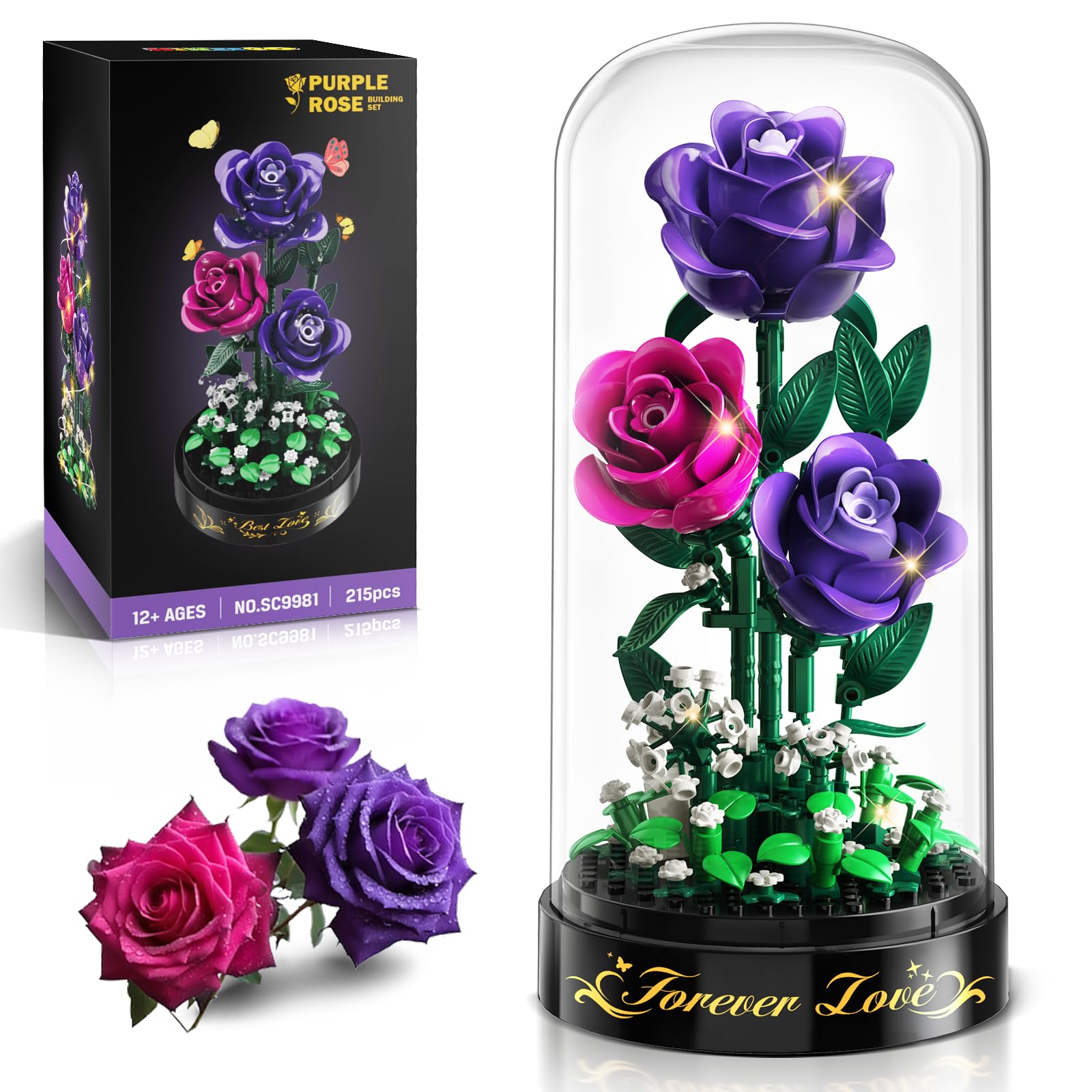 HiWEEGO Blumen Rosen Bauset mit LED Licht & Abdeckung – 219 Teile Rosenstrauß Ostergeschenke, 3,6 MM Mini Botanische Künstlicher Blumenstrauß Mini Bausteinspielzeug Heim Dekor