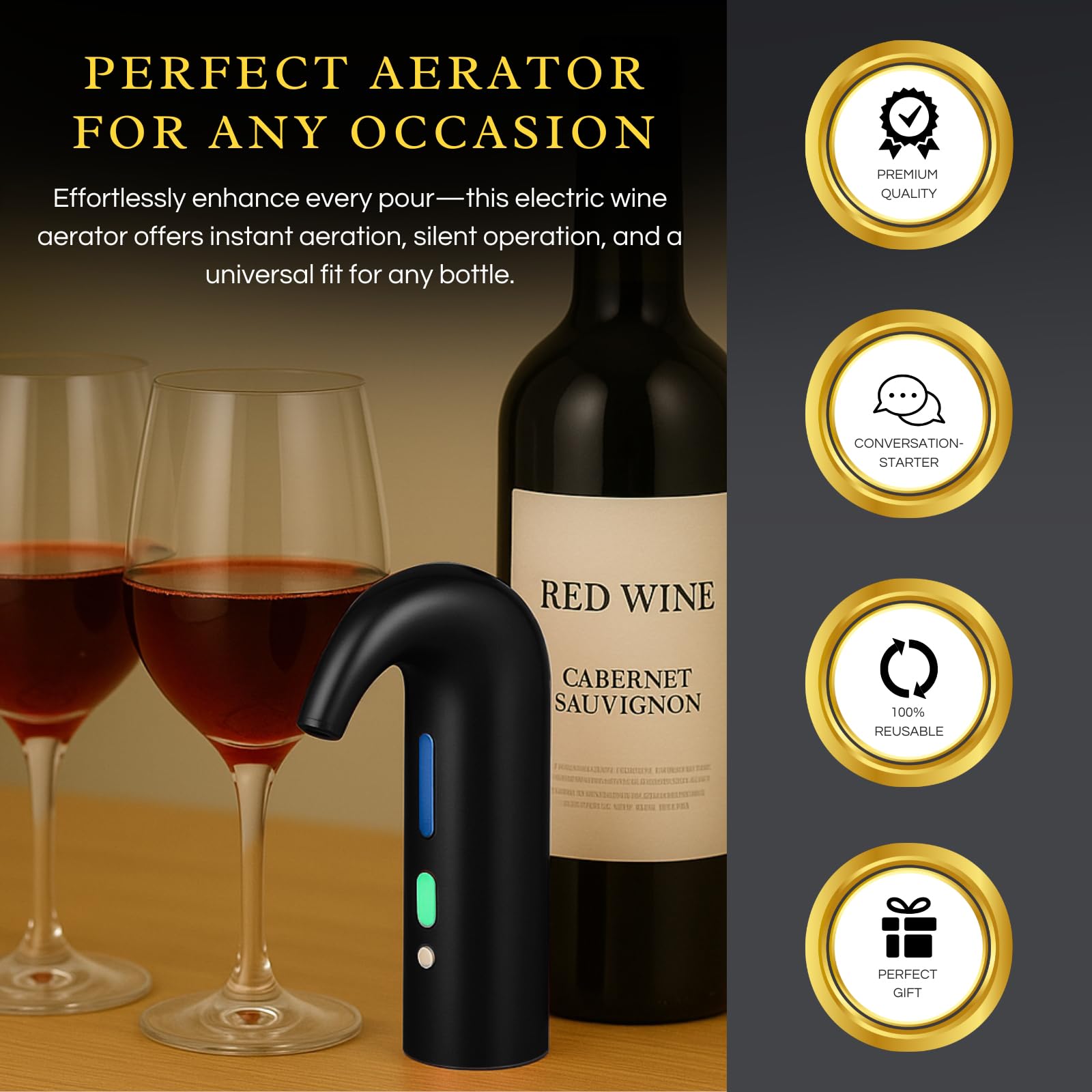 Aérateur de vin électrique – Accessoire de vin portable de qualité supérieure pour vins rouges et blancs, aération tactile pour vin et spiritueux – Débutant et amateur – Bec verseur – Cadeaux de vin