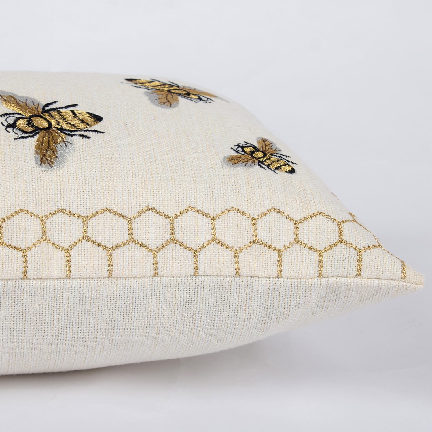 Honeycomb Throw Pillow Cover 12x 20, Gold Embroidered Bumble Lumbar Linen Pillow Cushion Case, Bee Farmhouse Home Decor for Outdoor Couch Bedroom Car