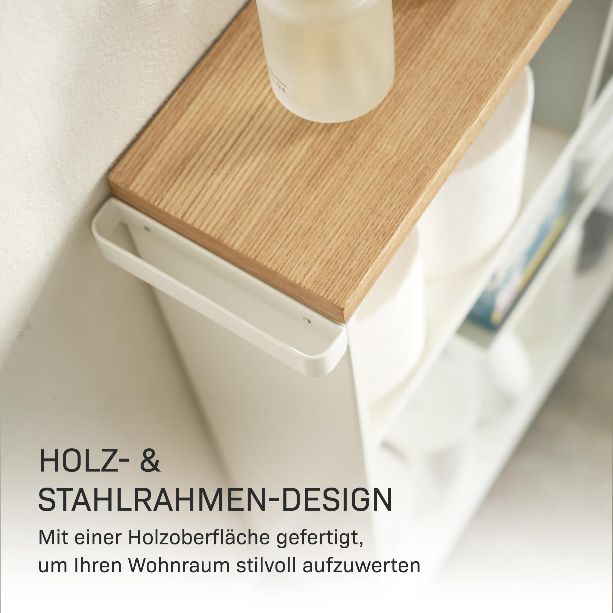 YAMAZAKI Tower Halbgeschlossener Aufbewahrungswagen aus Stahl - mit Holzablage/Rollen, schmal, modern - 47,5 x 13 x 68 cm, Japanisches Design, weiß