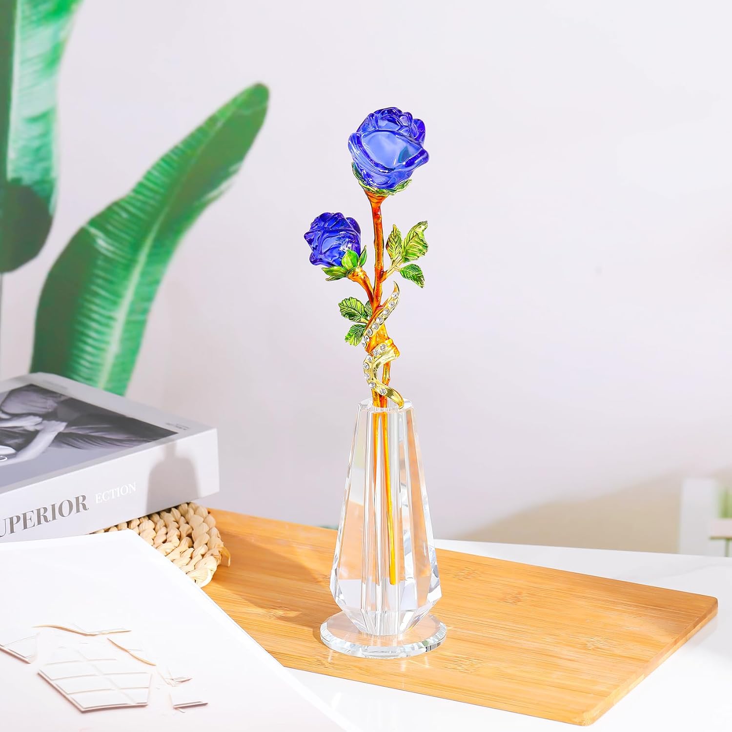 YWHL Handmade Crystal Blue Rose Flower Figurine with Vase, Bouquet Glass Flowers Ornament Rose Gifts for Girlfriend Sister Women, Crystal Flower Home Decor for Anniversary Mother's Day Wedding - Image 7