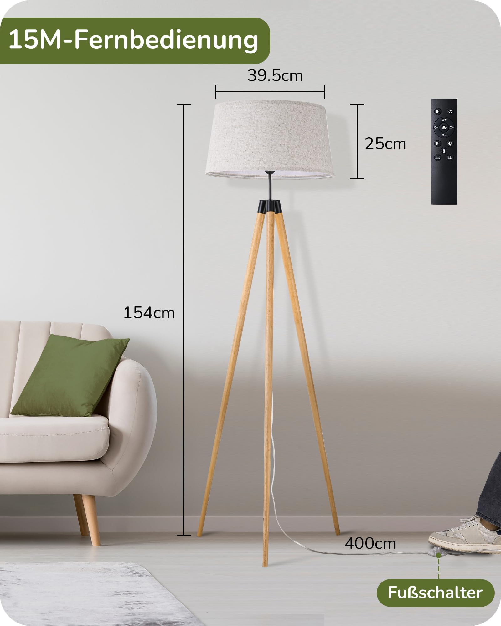 EDISHINE Stehlampe Wohnzimmer Dimmbar, Stehleuchte Boho mit Stativ aus Holz, inkl. E27 LED Glühbirne & Fernbedienung, Vintage Lampenschirm-Leinen, Leselampe für Esszimmer & Kinderzimmer