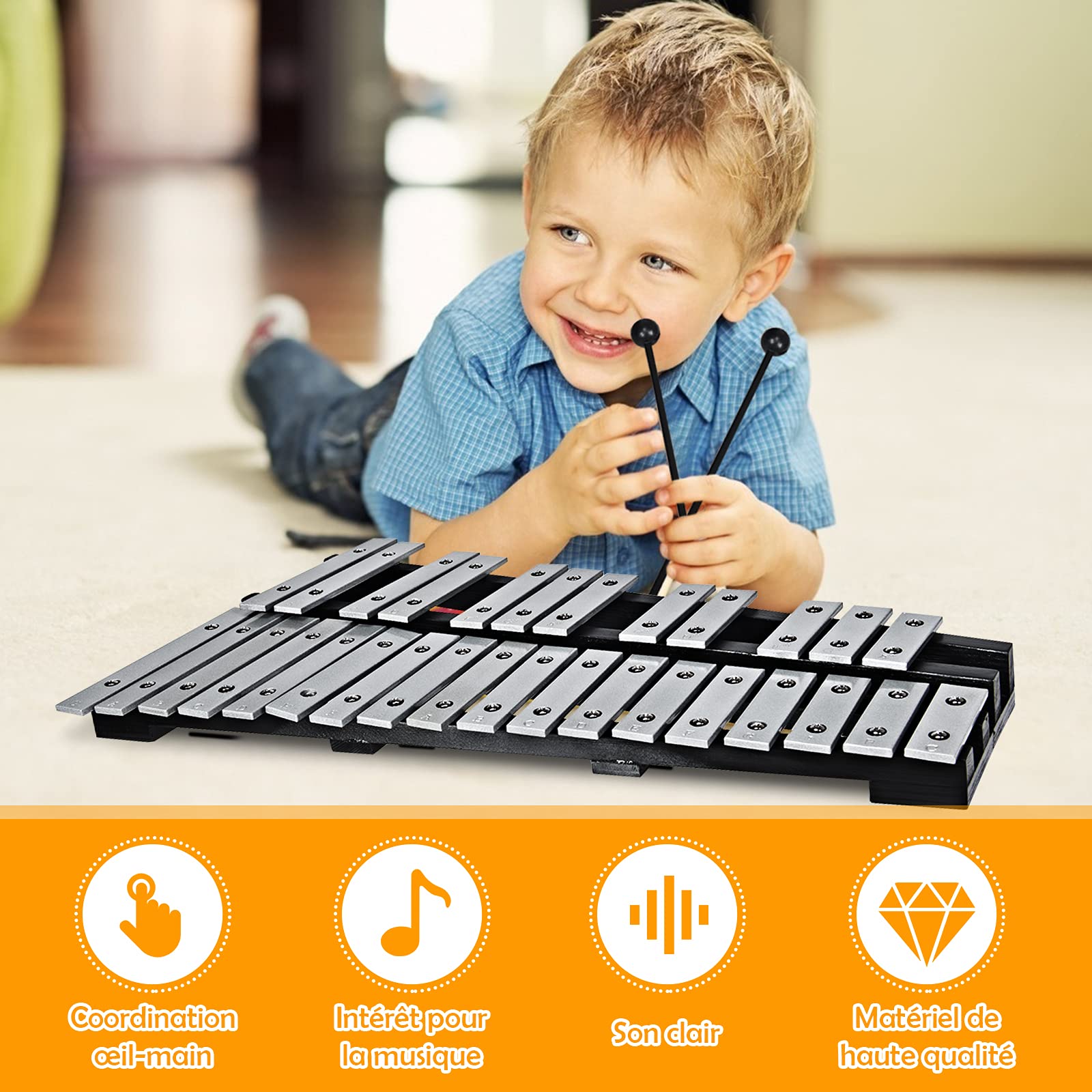 DREAMADE Glockenspiel, 30 Note Xylophone Pliant avec 2 Maillets, Xylophone en Aluminium Cadre en Bois avec Sac de Transport, Instrument de Percussion pour Enfant et Adulte