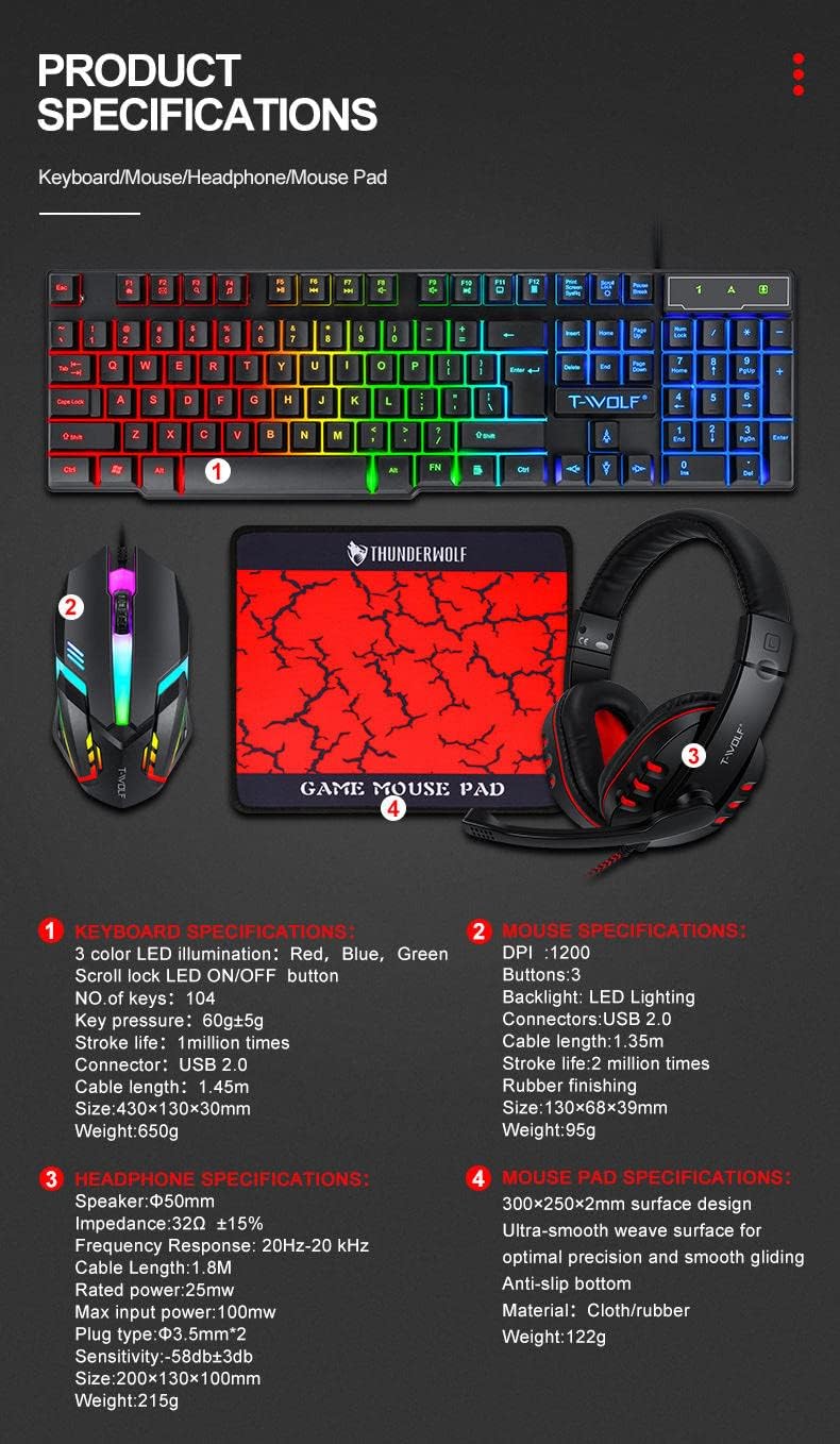 T-Wolf Gaming Combo TF800 - Tappetino per tastiera/mouse/cuffie/mouse con cavo LED RGB retroilluminato per utenti PC gamer, 4 in 1, nero