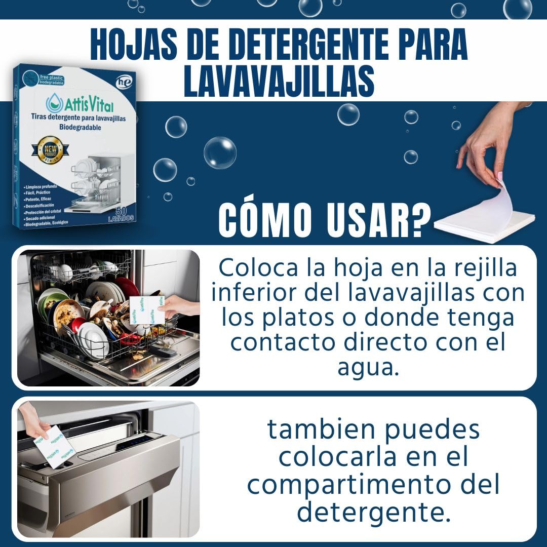 Detergente Lavavajillas Ecológico en Tiras AttisVital – 400 Lavados –Vegano, Biodegradable – Sin Plástico, Fosfatos ni Cloro – Limpieza, Abrillantado y Antical (400)