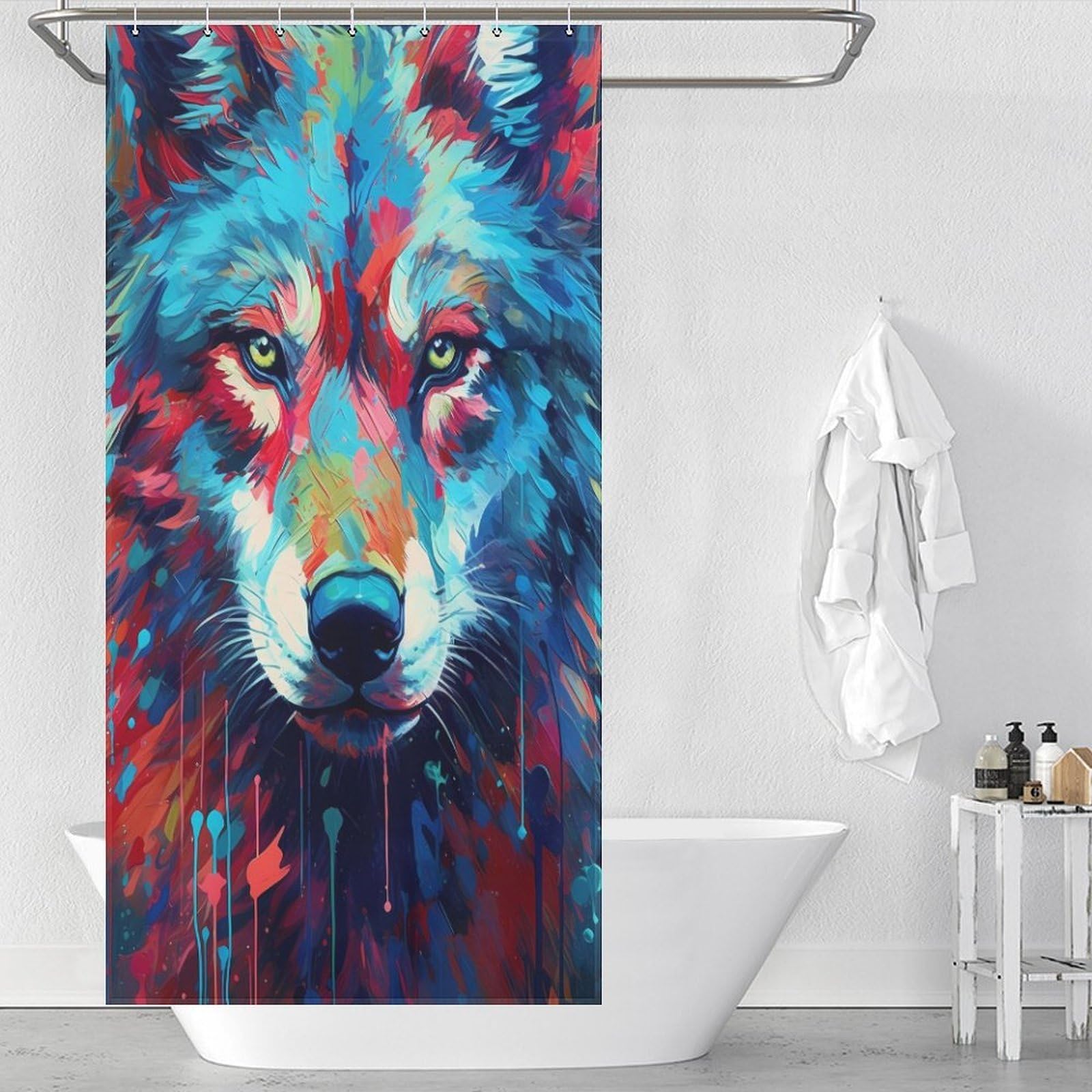 Rideau de douche loup moderne tissu lavable polyester déperlant baignoire cabine 90x180cm