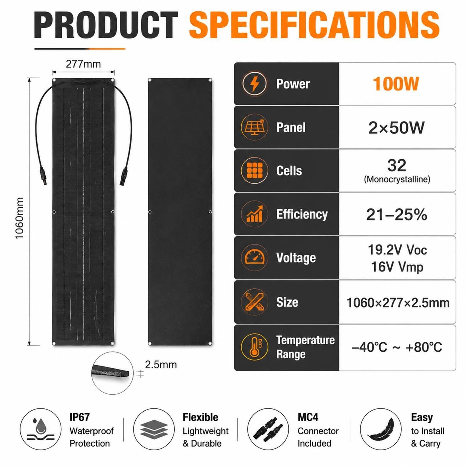 Panel Solar Portatil,100W Modulo Flexible Monocristalino para Camping