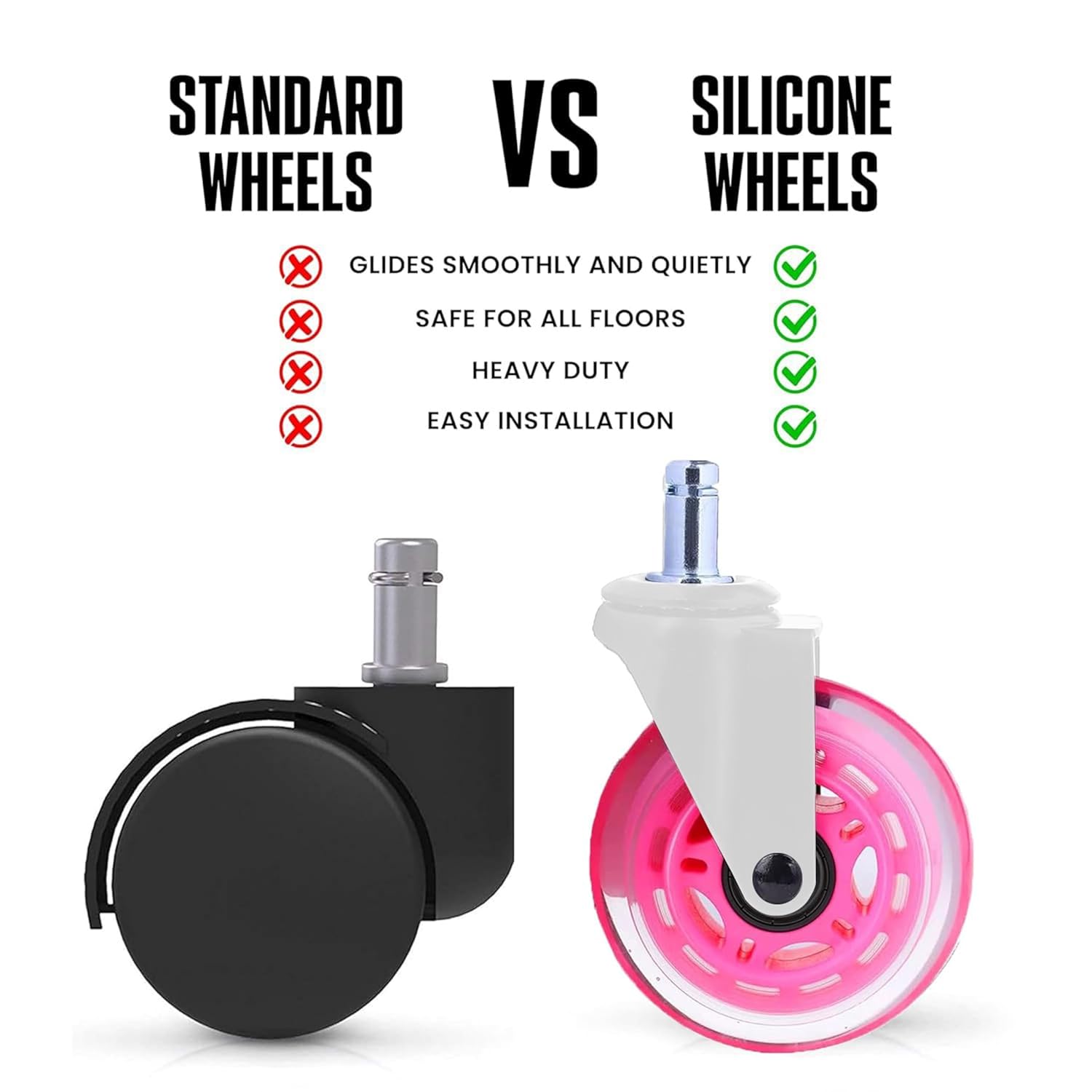 Office Chair Wheels - Set of 5 Rollerblade-Style Casters, Smooth & Quiet Rolling, Protects Hardwood Floors & Carpets, Universal Fit, Durable and Long-Lasting - Pink
