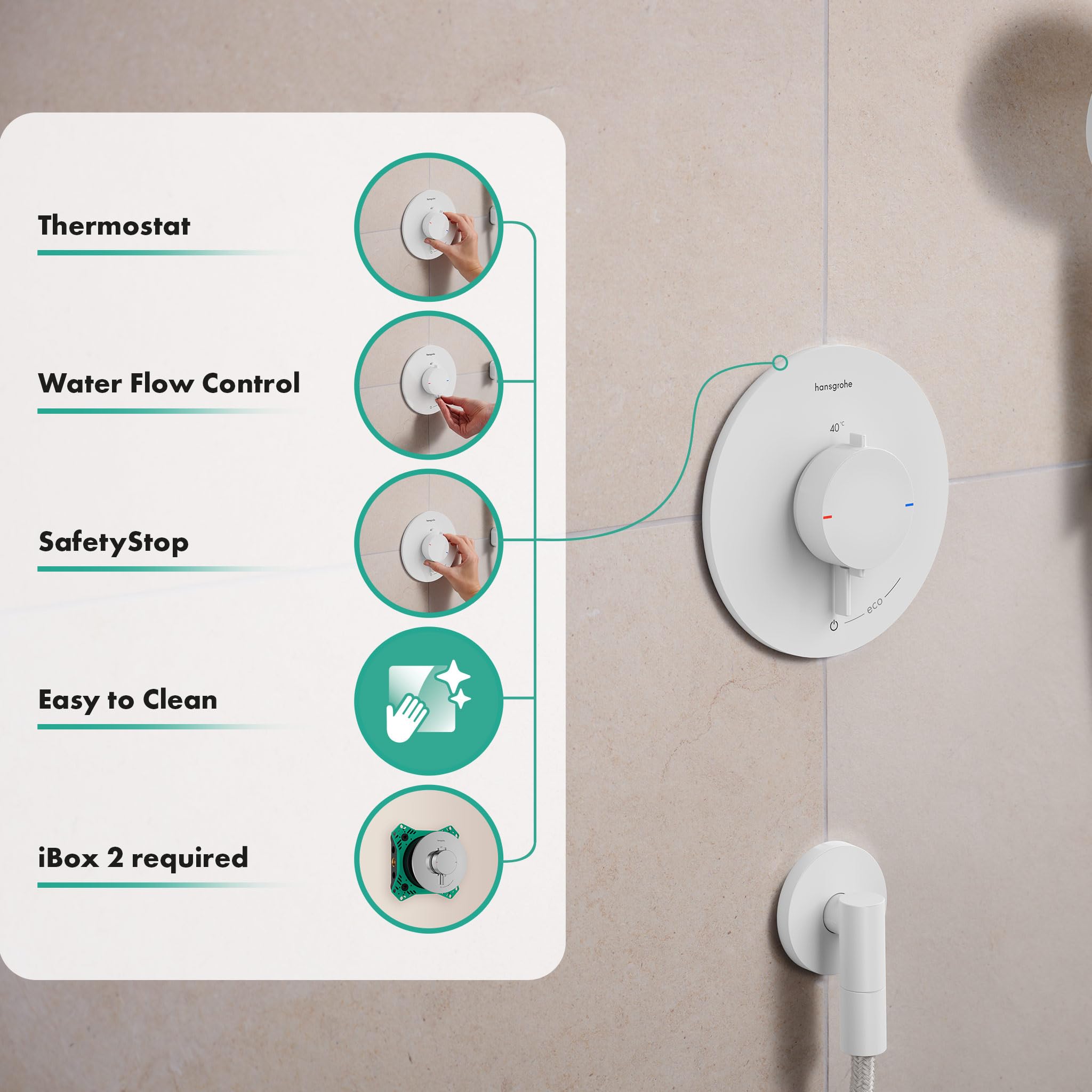 hansgrohe Ecostat Comfort S - termostato para ducha empotrado, grifo ducha con botón de seguridad (SafetyStop) a 40 °C, mezclador para 1 función, blanco mate, 33714700