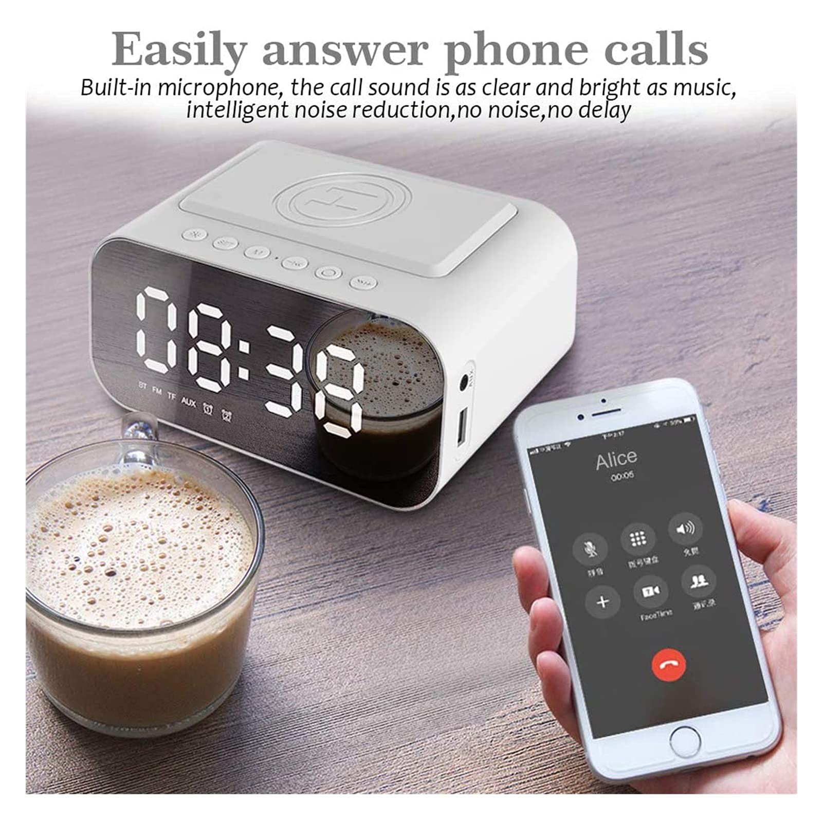 Reloj de Alarma Digital, GEYUEYA Inicio Relojes Digitales Radio Altavoz con USB Puerto y Carga inalámbrica, Alarma Dual, 3 Brillo Regulable, TF- Jugador de Cartas, Grande DIRIGIÓ Pantalla para