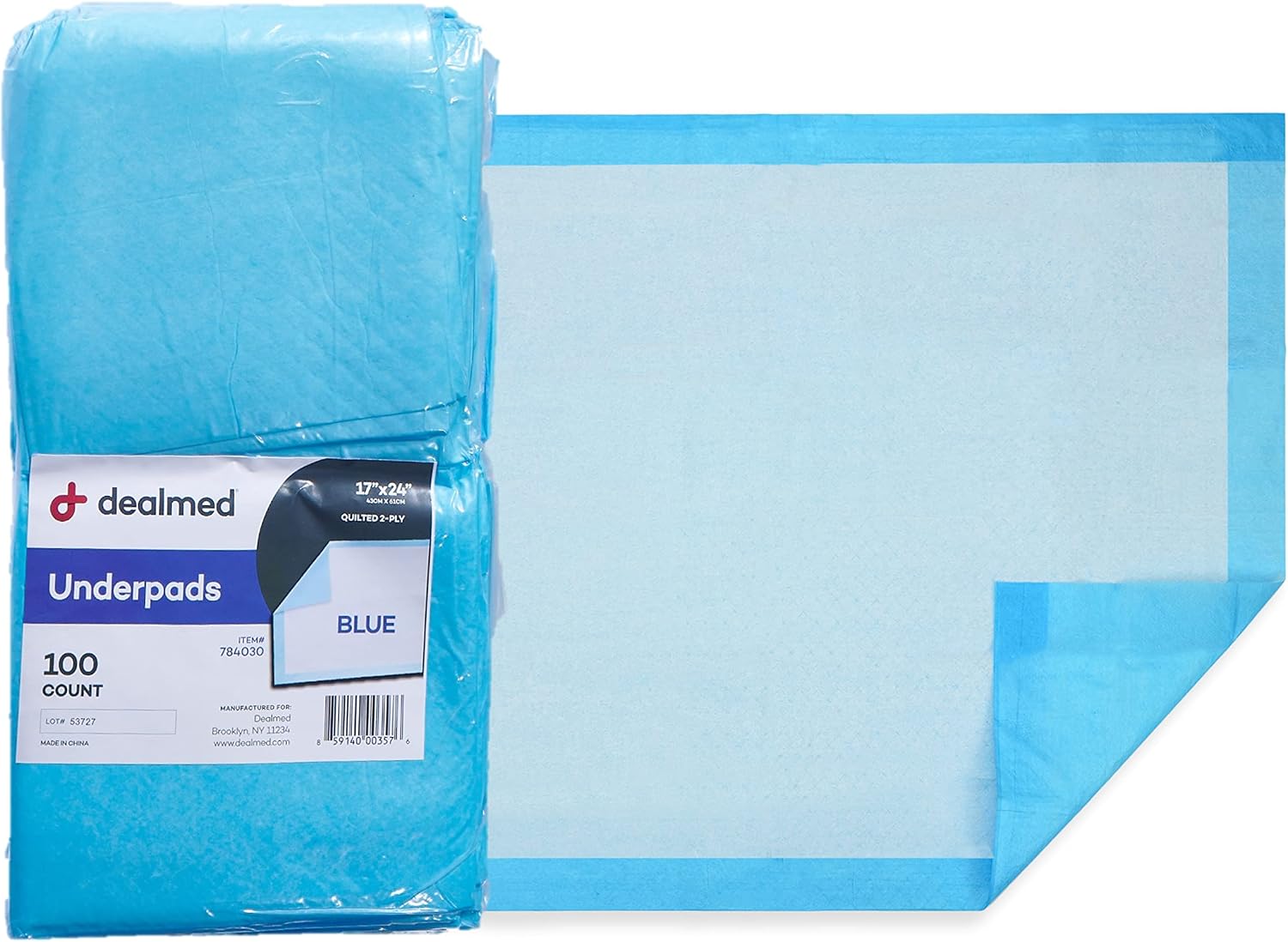Dealmed Standard Non-Sterile Medical Underpads, 100 Count Disposable 2-Ply Tissue Fill, 24" x 17", Blue, 100 Count, Perfect for Pet Pads, Furniture Protection and More, 100 Count (1 Pack)
