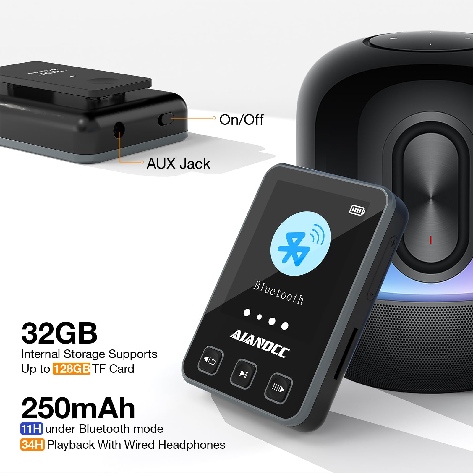 MP3 Player Bluetooth 5.3 mit Sport Clip und Sportarmband, mp3-player mit 1,77 Zoll TFT Farbbildschirm, Mp3 Player mit Kopfhörer, Unterstützt bis 128GB SD Karte, Schwarz