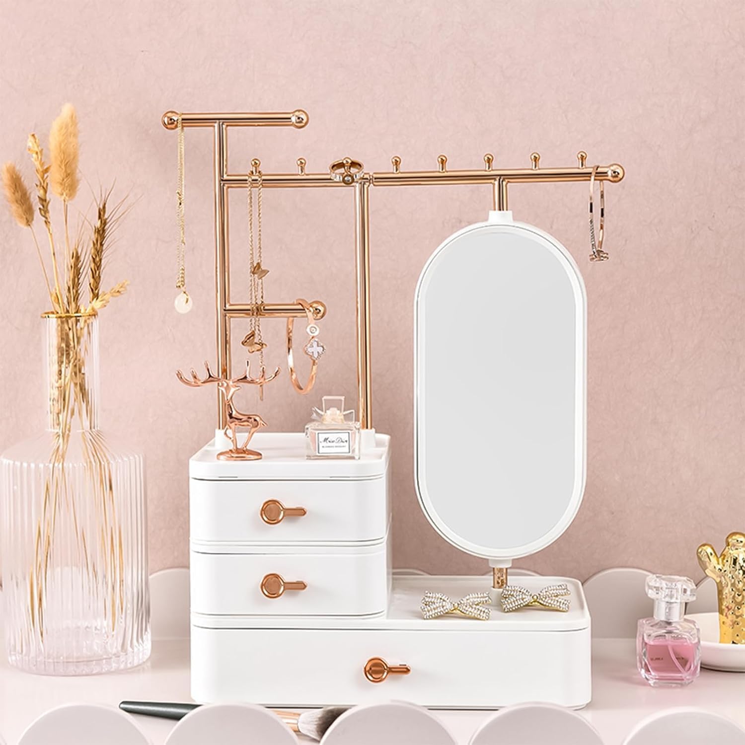 Earring hanger Rack with Mini Hangers, Jewelry Towers Display Stand Box with Mirror, 3 Tier Necklace Holder Display for Earrings Watches Bracelet Rings (3 Tier)