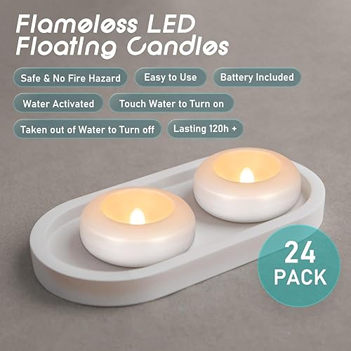 Miniatura 6 de Paquete de 24 velas flotantes de 3 pulgadas activadas por agua, velas LED sin llama de 120 horas, funciona con batería blanca de 120 horas, velas