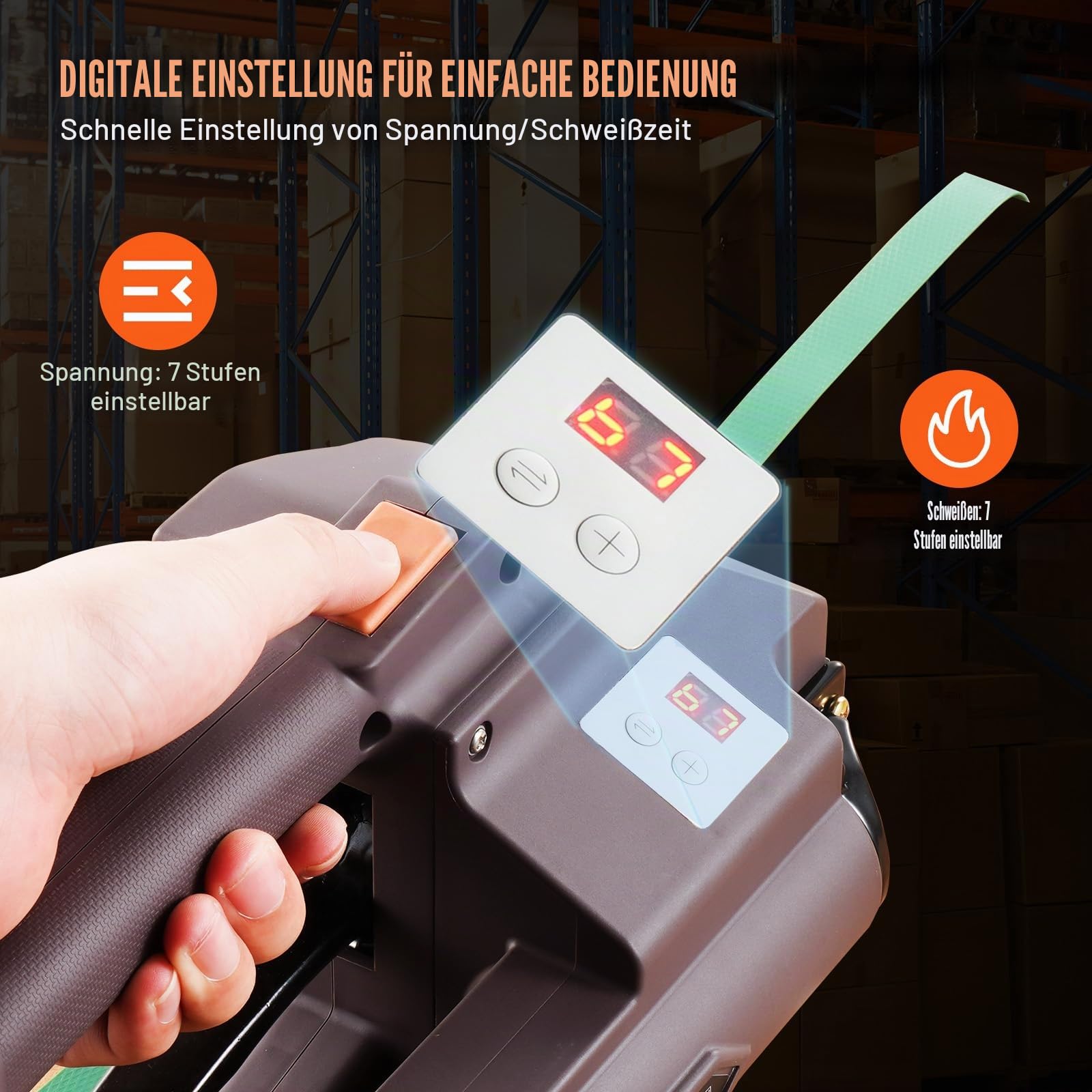 VEVOR Elektrische Umreifungsmaschine, für 1-2 cm PP-/PET-Bänder, elektrisches Umreifungsgerät mit Digitalanzeige, 2 x 4000 mAh batteriebetriebene Handumreifungsmaschine für Verpackungskartonpaletten