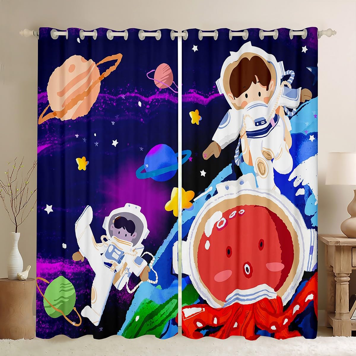 Homemissing Solar System Curtains for Bedroom Outer Space 30%-50% Blackout Curtains for Kids Adults Universe Planets Window Drapes Cute Astronaut Red Purple Window Treatments W66*L72