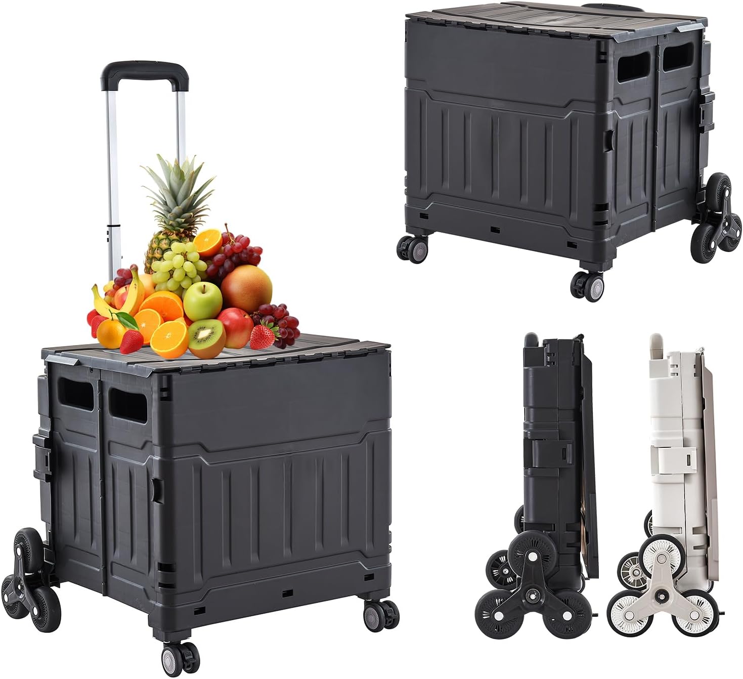 Foldable Utility Cart ?Folding Shopping carts?Collapsible cart with Stair Climbing Wheels, 8 Wheel Shopping cart?Collapsible Rolling Crate with Telescoping Handle (Black, 17.32 * 17.13 * 30.12) Black 17.32*17.13*30.12
