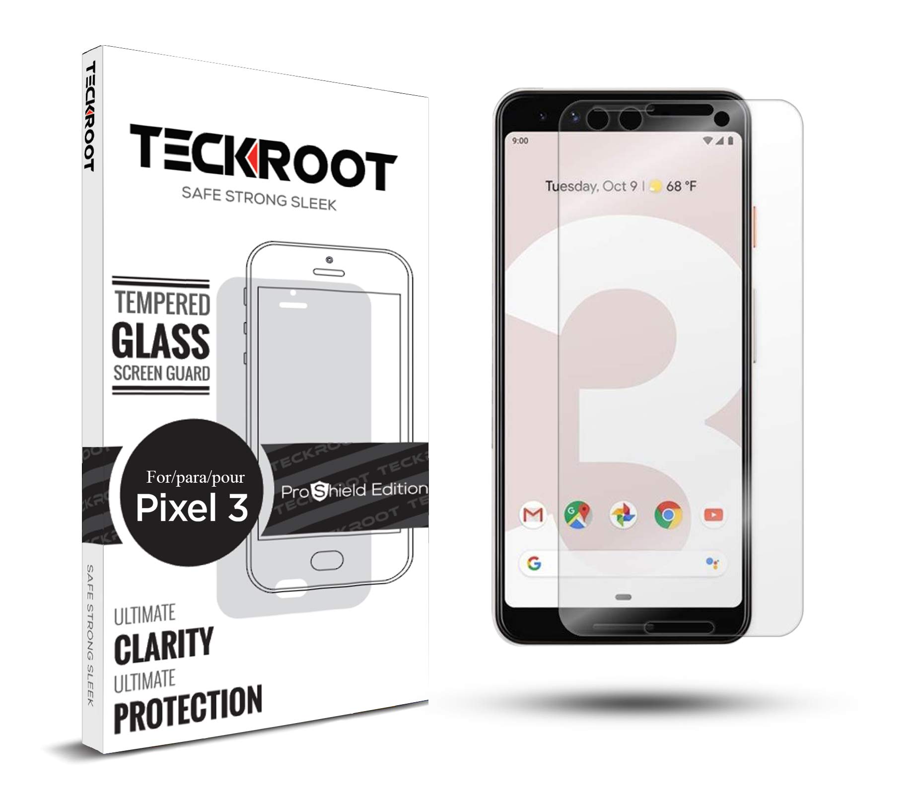 TeckRoot Google Pixel 3 Tempered Glass Screen Protector [3 Pack] ProShield Edition Full Screen [High Definition] [Bubble Free] [Anti-Scratches] [Easy to Install]