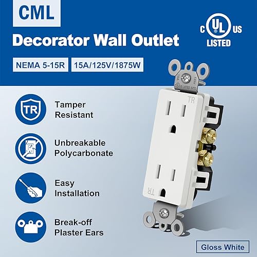 Miniatura 2 de CML - Toma de corriente decorativa de pared de 15 amperios, segura para niños, resistente a manipulaciones, enchufes eléctricos estándar, 15A125V, 2