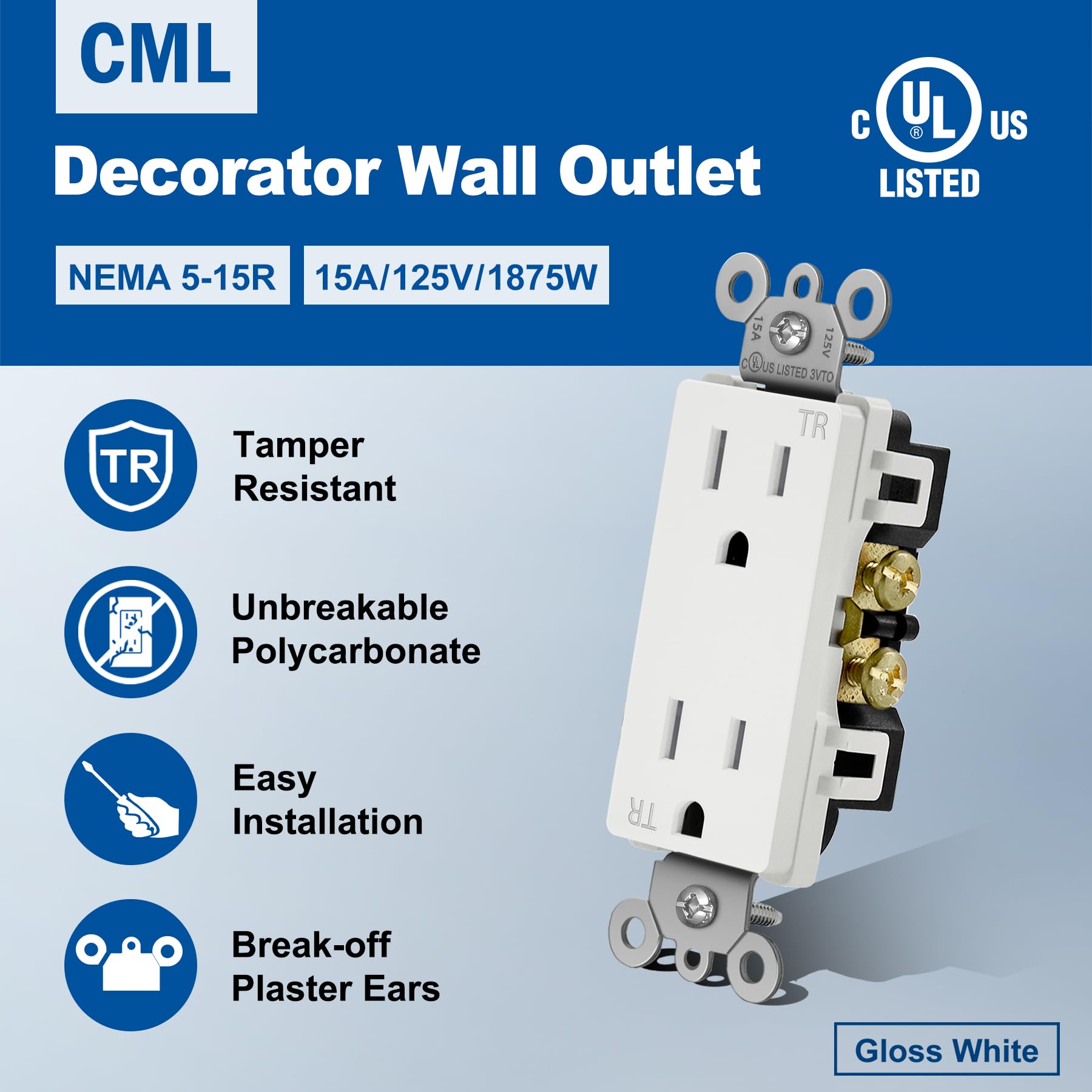 CML - Paquete de 100 enchufes eléctricos de pared decorativos de 15 amperios, toma de receptáculo, seguro para niños, resistente a manipulaciones (TR), 15 A/125 V, certificación UL