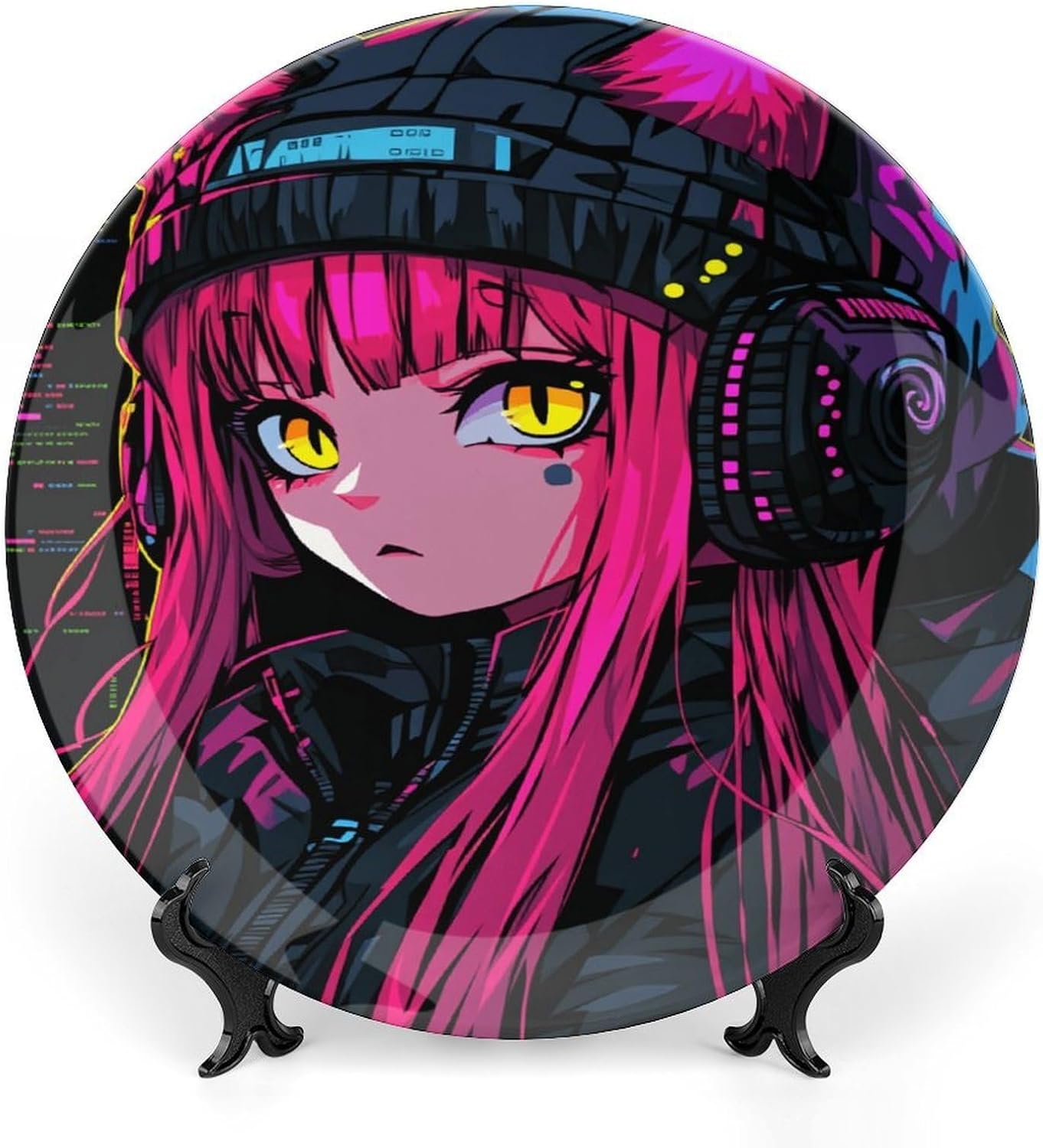 6inch Anime Characters with Cat Ears Ceramic Decorative Plate with Display Stand & Wall Hanging Kit, Round Display Plate for Home Office Tabletop & Wall Decor