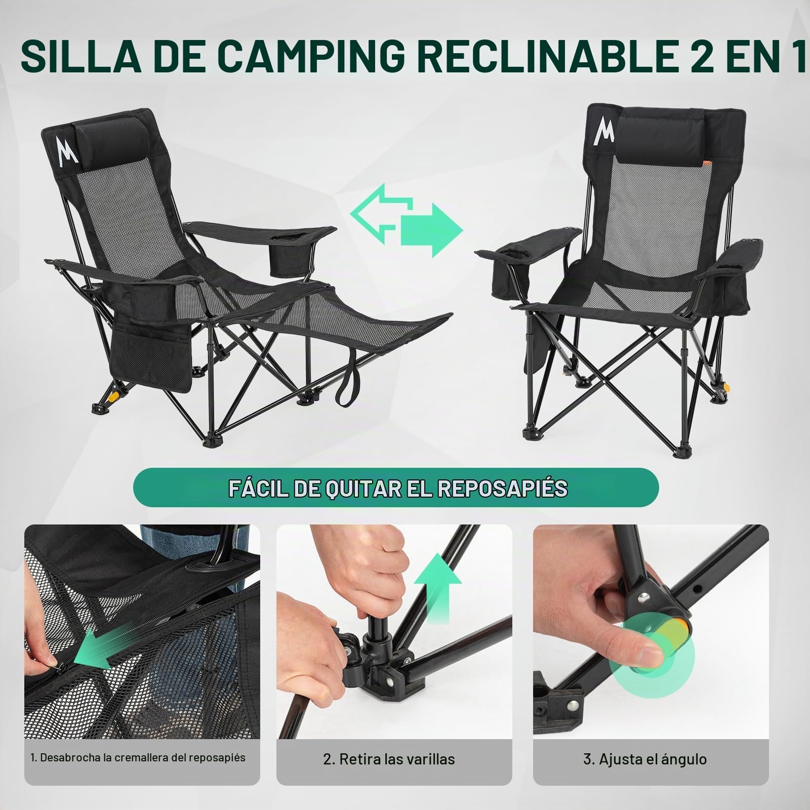 OVERMONT Silla de Camping Plegable - 2 en 1 con Reposapiés, Respaldo Ajustable 4 Posiciones - Silla Reclinable hasta 136 kg, con Reposacabezas y Bolsa - para Camping, Playa, Jardín y Pesca