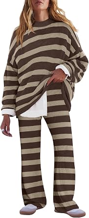LAMISSCHE Oversized Womens Lounge Set Striped Sweater Set Long Sleeve 2 Piece Pajama Set Top and Pants with Pockets