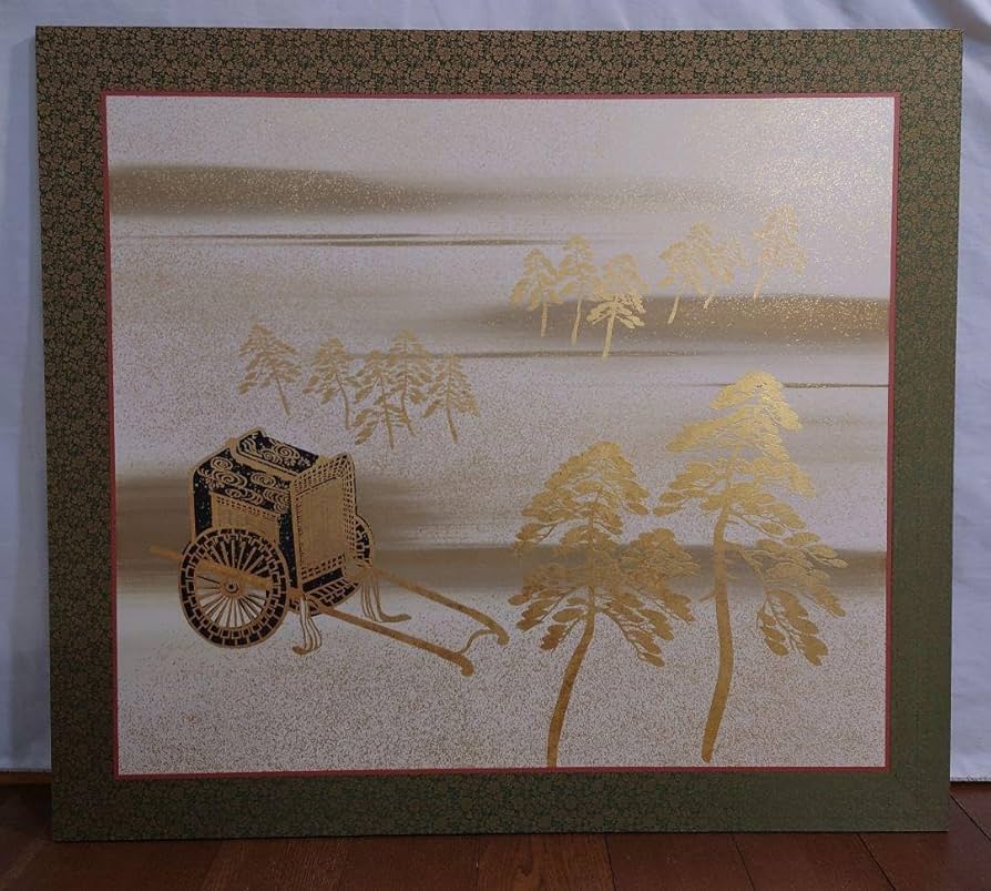 山水画襖絵御所車（価格変更）お飾り襖画和室壁面飾り画1枚限定