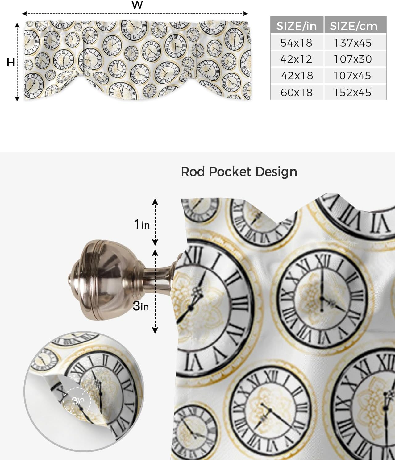 Seamless Black Gold Clock Horloge Tie Up Valance Curtain for Kitchen-Small Window Shade Valances Rod Pocket Windows Treatment for Bedroom Bathroom Abstract Floral Texture on White,1 Panel 42"x18"