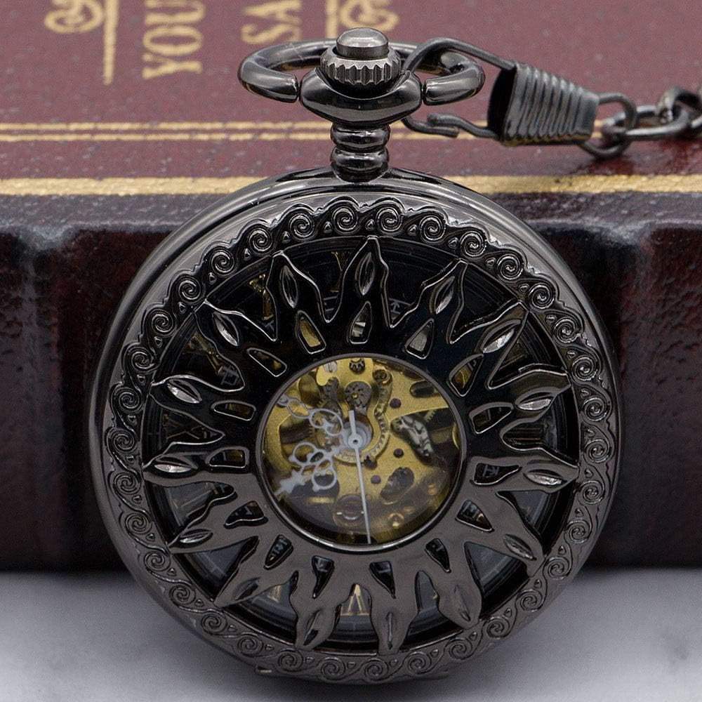 OIFMKC Pocket Watch Fashion Cool Black Hollow Flower Sun Design Skeleton Mechanical Pocket Watch with Fob Chain for Men Women