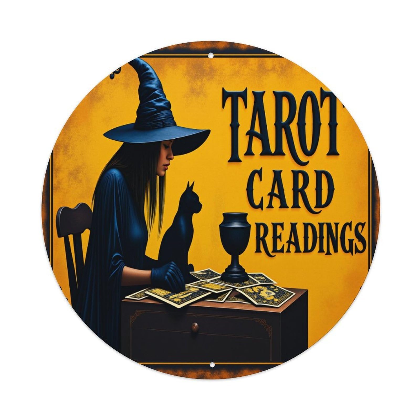 Witch Cat Tarot Cards Reading Round Tin Sign Vintage Metal Poster Retro Bar, Home, Man Cave, Kitchen, Laundry Room Wall Art Decor Gift 8x8Inch