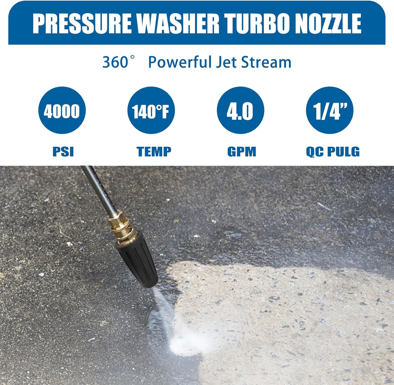 Pressure Washer Tips Turbo Nozzle - 4000PSL Max Rotating 360° Pressure Washer Turbo Nozzle 4.0 GPM 4.0 Orifice With 1/4'' Quick Connect for Cleaning Garden Car Brick, Concrete, and Vinyl Surfaces