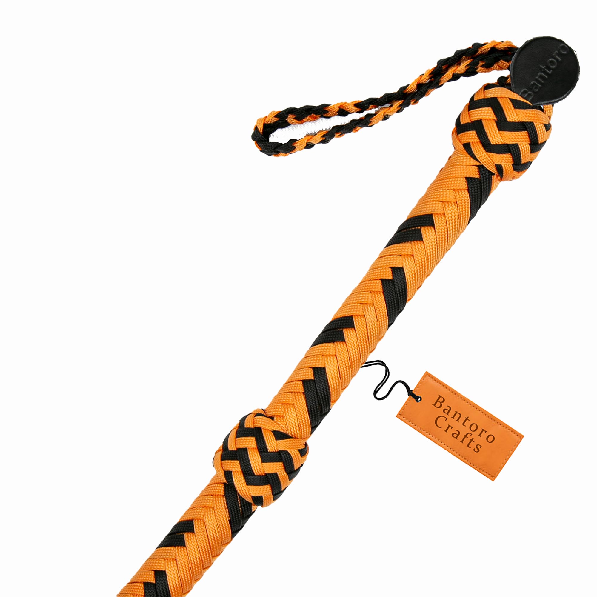 Schwarz und Orange Paracord-/Nylon-Peitsche, Bullenpeitsche, 16 Zöpfe, geflochtener Lederbauch und Lederpolster im Inneren, Laute knackende Peitsche